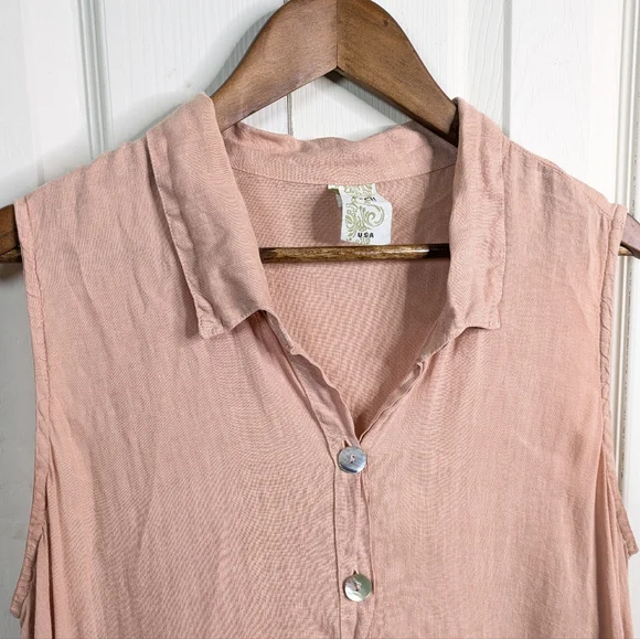 Match Point USA Linen Tunic Top Large Peach Asymmetrical Button Lagenlook - Picture 5 of 11